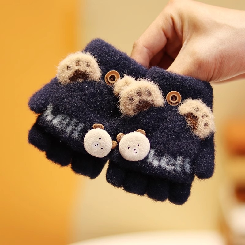 Vaikiškos žieminės pusiau pirštų pirštinės su atlenkiamu gaubteliu, nailonas, unisex, animacinis raštas, 1–3 metų amžius