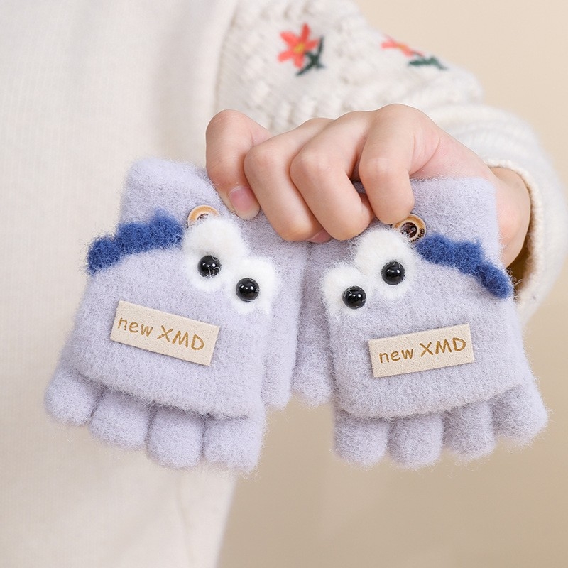 Vaikiškos žieminės pusiau pirštų pirštinės su atlenkiamu gaubteliu, nailonas, unisex, animacinis raštas, 1–3 metų amžius