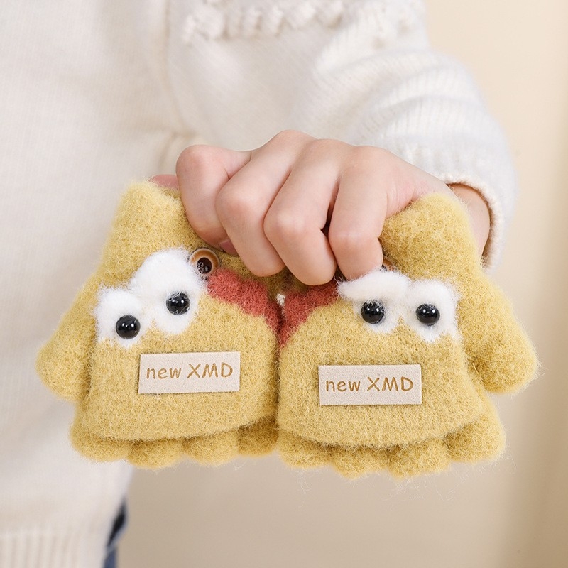 Vaikiškos žieminės pusiau pirštų pirštinės su atlenkiamu gaubteliu, nailonas, unisex, animacinis raštas, 1–3 metų amžius