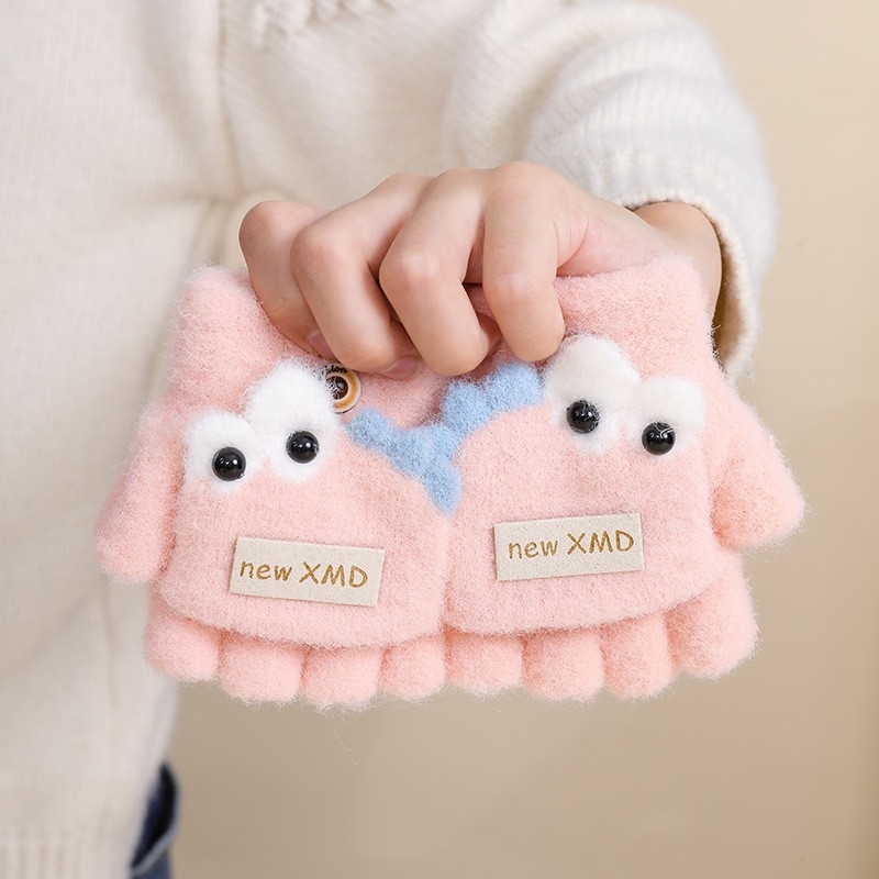 Vaikiškos žieminės pusiau pirštų pirštinės su atlenkiamu gaubteliu, nailonas, unisex, animacinis raštas, 1–3 metų amžius