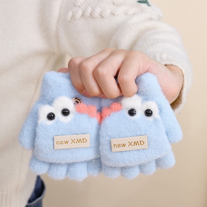 Vaikiškos žieminės pusiau pirštų pirštinės su atlenkiamu gaubteliu, nailonas, unisex, animacinis raštas, 1–3 metų amžius