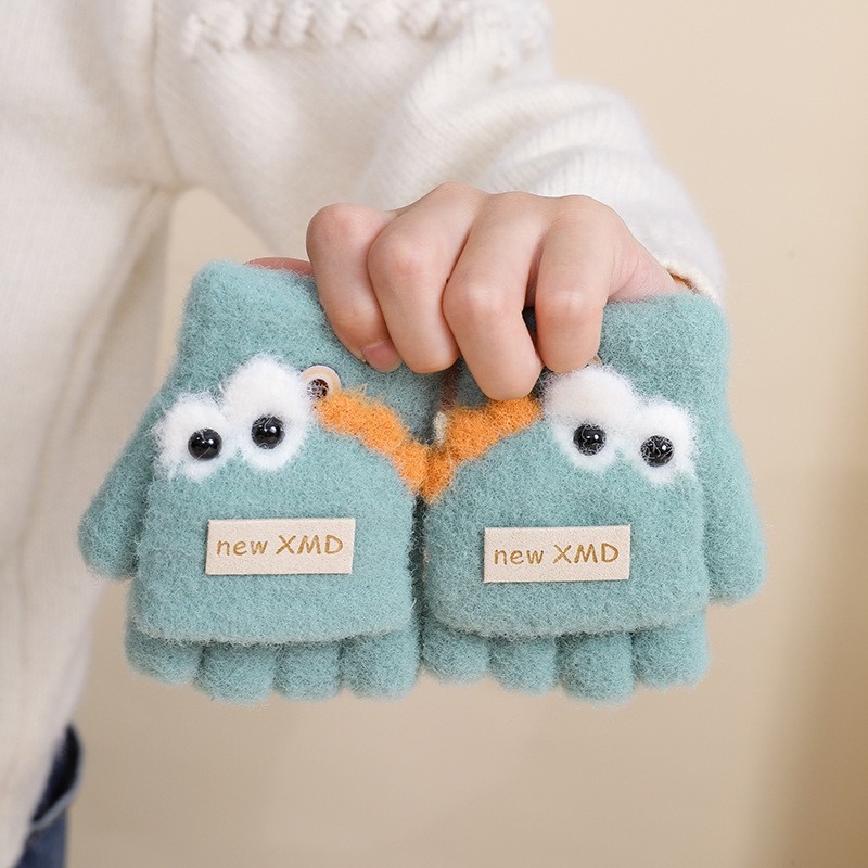 Vaikiškos žieminės pusiau pirštų pirštinės su atlenkiamu gaubteliu, nailonas, unisex, animacinis raštas, 1–3 metų amžius
