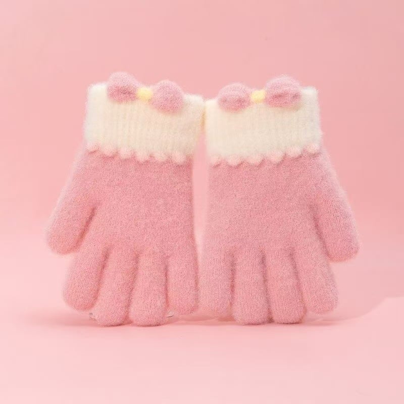 Vaikų žieminės pirštinės mergaitėms — šiltos, su fleece pamušalu, megzti jacquard raštu, princų stilius, penkių pirštų dizainas, elastinis rankogalis, 4–8 m