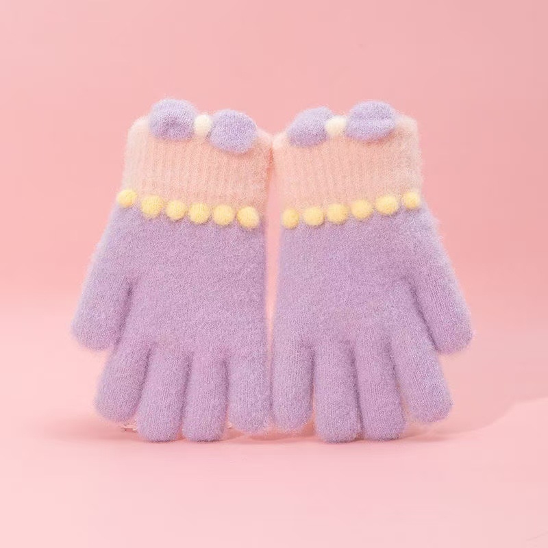 Vaikų žieminės pirštinės mergaitėms — šiltos, su fleece pamušalu, megzti jacquard raštu, princų stilius, penkių pirštų dizainas, elastinis rankogalis, 4–8 m