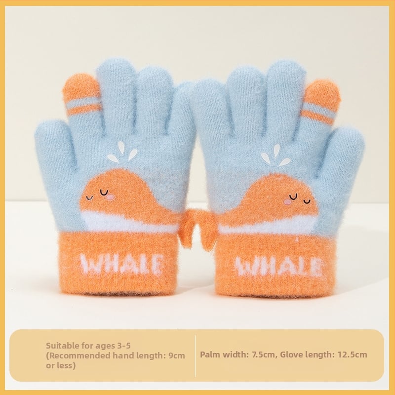 Vaikų žieminės pirštinės mergaitėms — šiltos, su fleece pamušalu, megzti jacquard raštu, princų stilius, penkių pirštų dizainas, elastinis rankogalis, 4–8 m