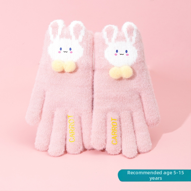 Vaikų žieminės pirštinės mergaitėms — šiltos, su fleece pamušalu, megzti jacquard raštu, princų stilius, penkių pirštų dizainas, elastinis rankogalis, 4–8 m