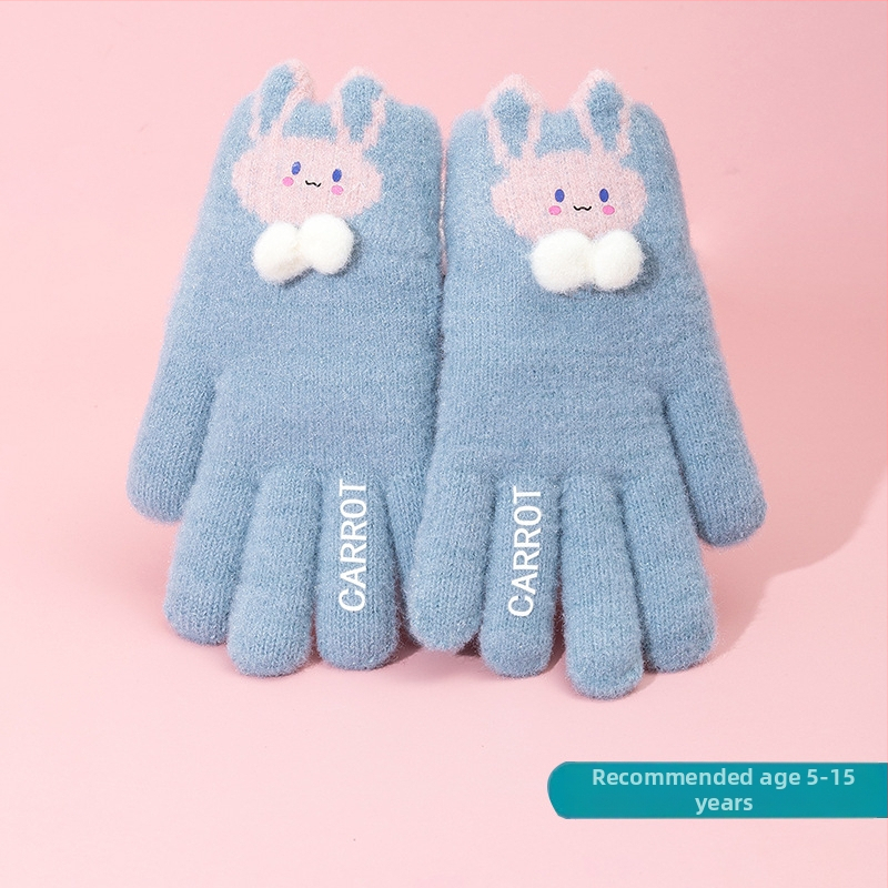 Vaikų žieminės pirštinės mergaitėms — šiltos, su fleece pamušalu, megzti jacquard raštu, princų stilius, penkių pirštų dizainas, elastinis rankogalis, 4–8 m