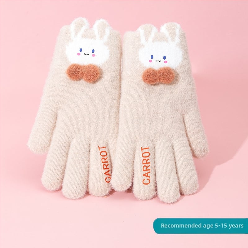 Vaikų žieminės pirštinės mergaitėms — šiltos, su fleece pamušalu, megzti jacquard raštu, princų stilius, penkių pirštų dizainas, elastinis rankogalis, 4–8 m