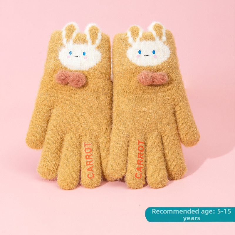 Vaikų žieminės pirštinės mergaitėms — šiltos, su fleece pamušalu, megzti jacquard raštu, princų stilius, penkių pirštų dizainas, elastinis rankogalis, 4–8 m