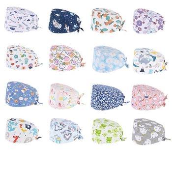 Универсална памучна медицинска шапка с печат за хирурзи, стоматолози и козметици, cartoon дизайн с лого, плосък връх, без козирка, подходяща за всички сезони