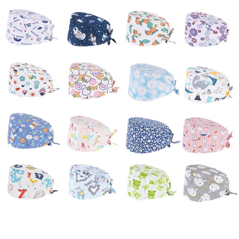 Универсална памучна медицинска шапка с печат за хирурзи, стоматолози и козметици, cartoon дизайн с лого, плосък връх, без козирка, подходяща за всички сезони