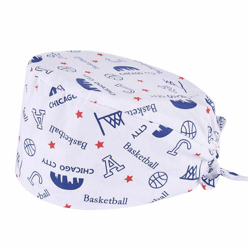 Универсална памучна медицинска шапка с печат за хирурзи, стоматолози и козметици, cartoon дизайн с лого, плосък връх, без козирка, подходяща за всички сезони