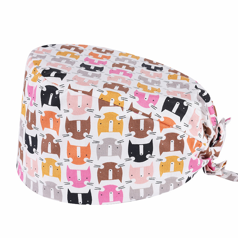 Универсална памучна медицинска шапка с печат за хирурзи, стоматолози и козметици, cartoon дизайн с лого, плосък връх, без козирка, подходяща за всички сезони