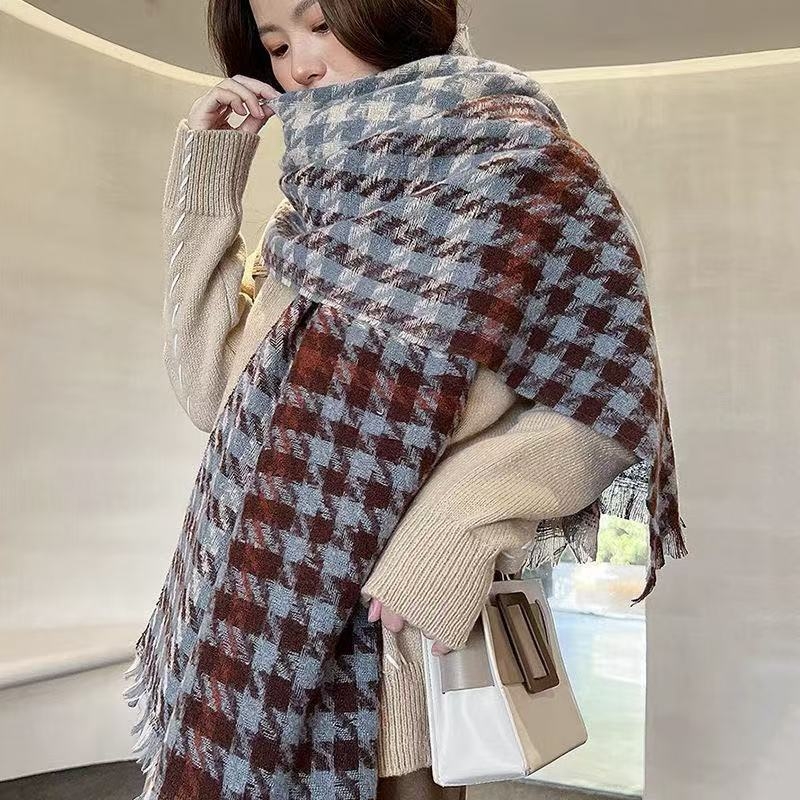 Šal s klasičnim houndstooth uzorkom, imitacija kašmira, twill pletenina, topao zimi