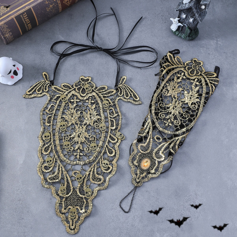 Gotički Halloween ogrlica s šupljom lubanjom i cvijećem