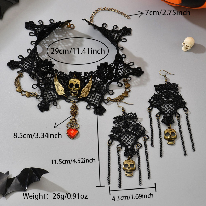 Gotički Halloween ogrlica s šupljom lubanjom i cvijećem