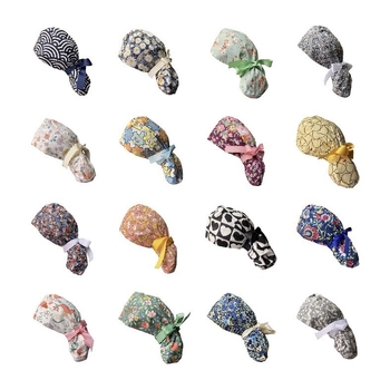 Хирургическа шапка за медицински сестри с копче и лента за дълга коса, клетъчен принт, куполна шапка