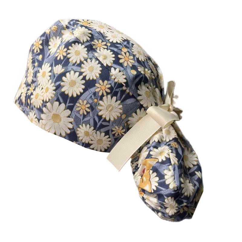 Хирургическа шапка за медицински сестри с копче и лента за дълга коса, клетъчен принт, куполна шапка