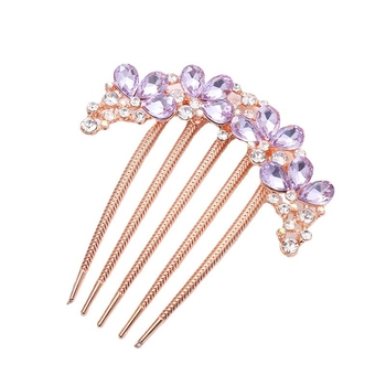Ретро метален гребен за коса с пет зъба, аметистови кристали, флорална стилизация, ръчно изработен аксесоар за коса.