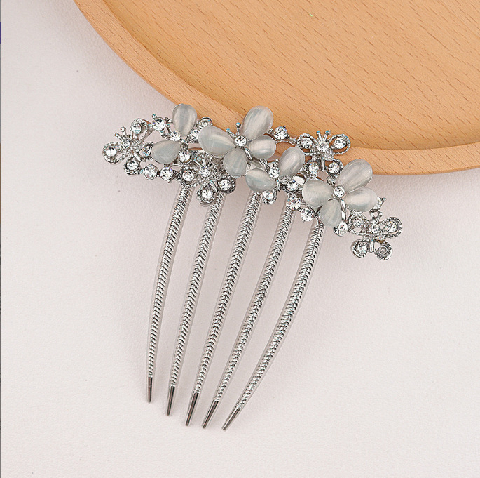 Ретро метален гребен за коса с пет зъба, аметистови кристали, флорална стилизация, ръчно изработен аксесоар за коса.