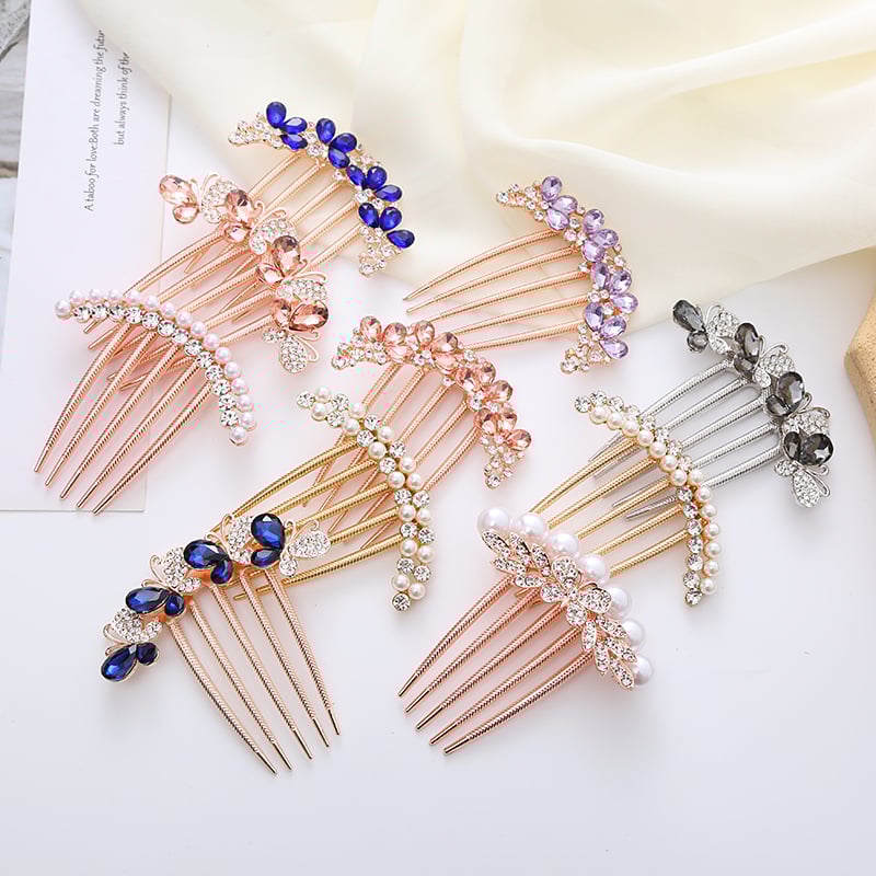 Ретро метален гребен за коса с пет зъба, аметистови кристали, флорална стилизация, ръчно изработен аксесоар за коса.