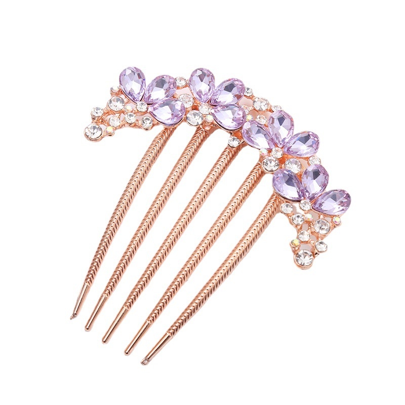 Ретро метален гребен за коса с пет зъба, аметистови кристали, флорална стилизация, ръчно изработен аксесоар за коса.