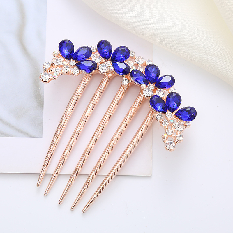 Ретро метален гребен за коса с пет зъба, аметистови кристали, флорална стилизация, ръчно изработен аксесоар за коса.