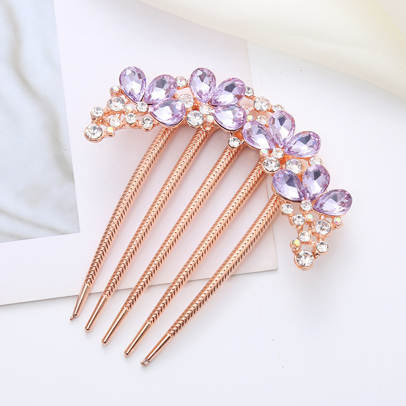 Ретро метален гребен за коса с пет зъба, аметистови кристали, флорална стилизация, ръчно изработен аксесоар за коса.
