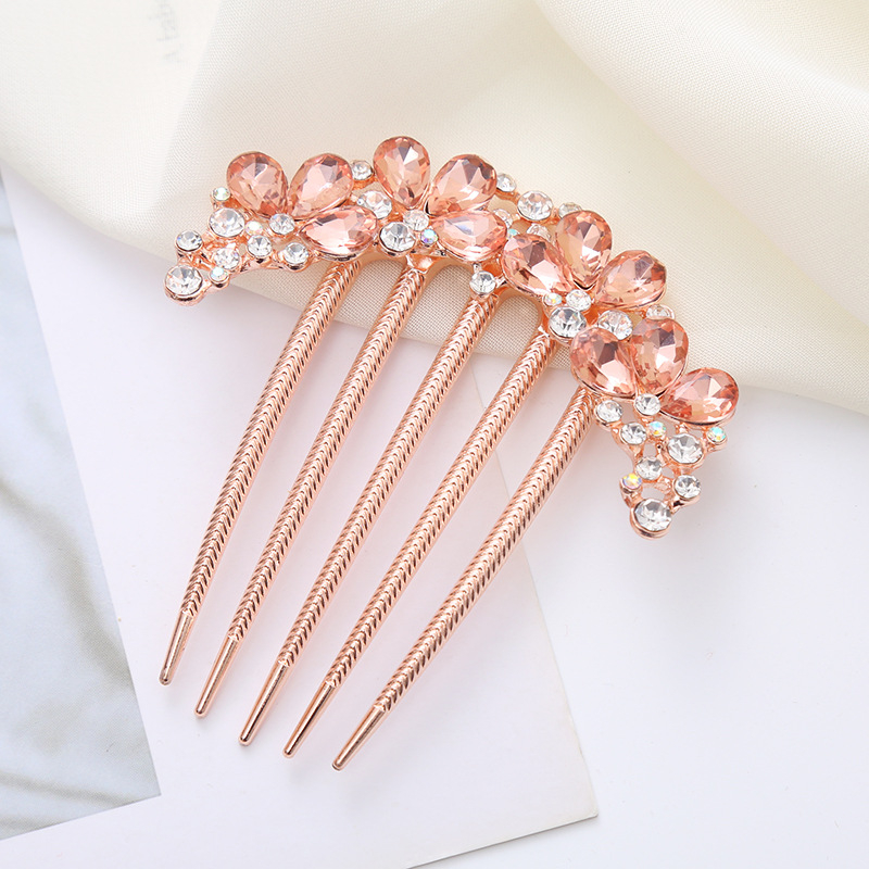 Ретро метален гребен за коса с пет зъба, аметистови кристали, флорална стилизация, ръчно изработен аксесоар за коса.