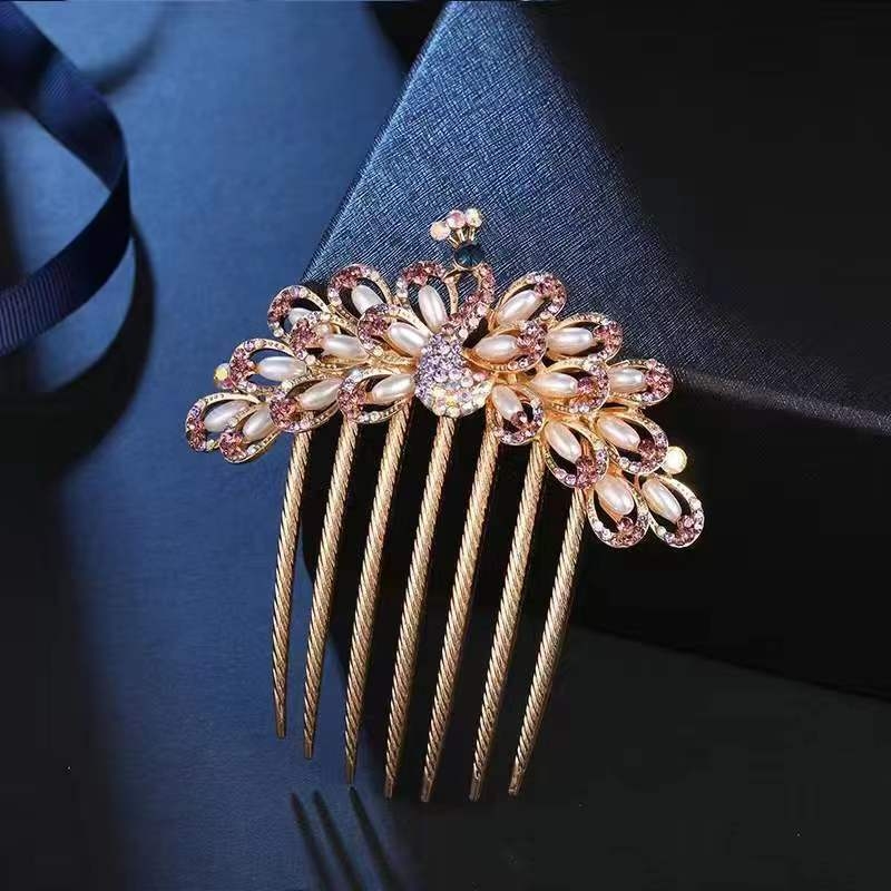 Ретро метален гребен за коса с пет зъба, аметистови кристали, флорална стилизация, ръчно изработен аксесоар за коса.
