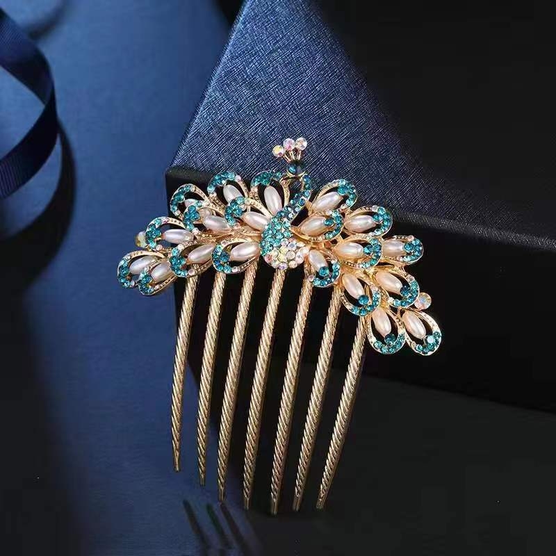 Ретро метален гребен за коса с пет зъба, аметистови кристали, флорална стилизация, ръчно изработен аксесоар за коса.