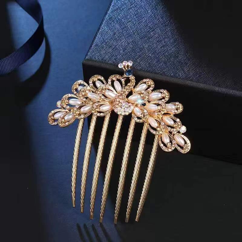 Ретро метален гребен за коса с пет зъба, аметистови кристали, флорална стилизация, ръчно изработен аксесоар за коса.