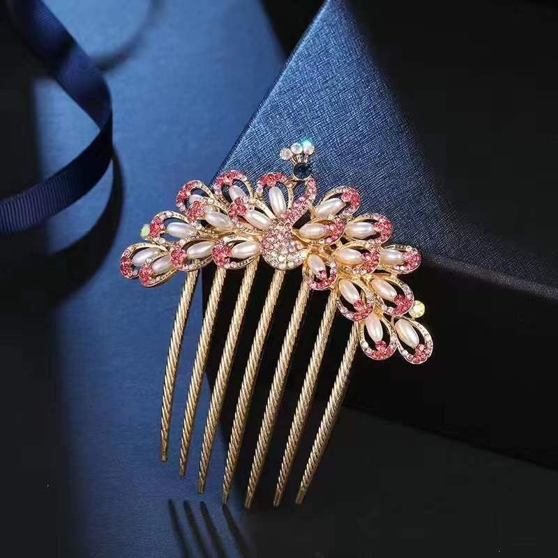 Ретро метален гребен за коса с пет зъба, аметистови кристали, флорална стилизация, ръчно изработен аксесоар за коса.