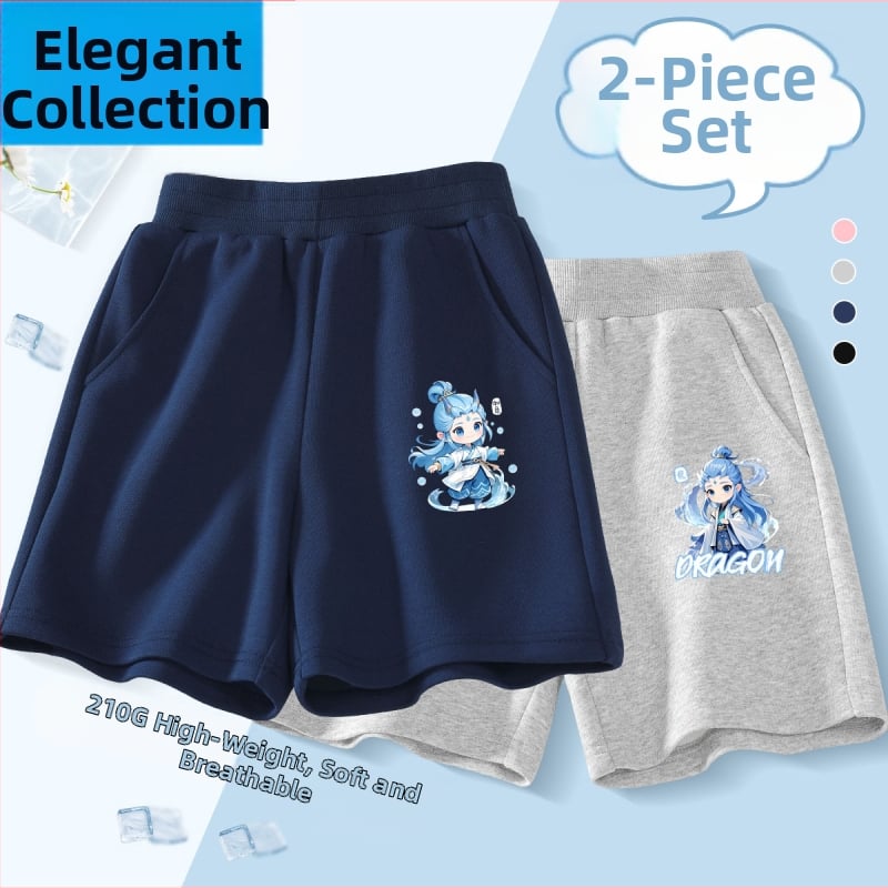 Vaikų kelių ilgio šortai - 100% medvilnė, aukštas liemuo su elastine juosta, Nezha Ao Bing raštas, vaikams nuo 8 metų