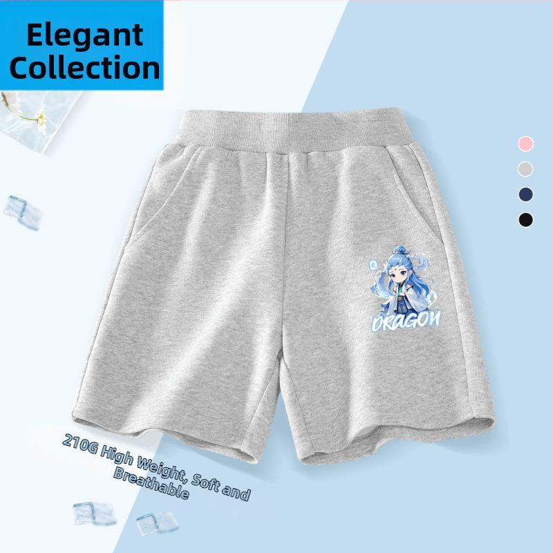 Vaikų kelių ilgio šortai - 100% medvilnė, aukštas liemuo su elastine juosta, Nezha Ao Bing raštas, vaikams nuo 8 metų