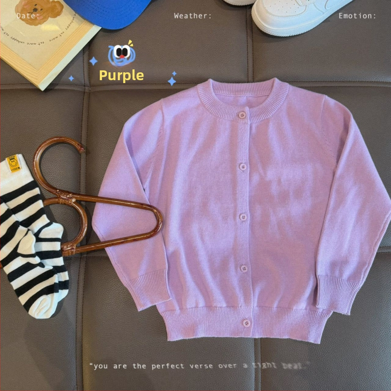 Vaikų medvilninis megztinis kardiganas, 100% medvilnė, megztas audinys, apvalus kaklas, ilgomis rankovėmis