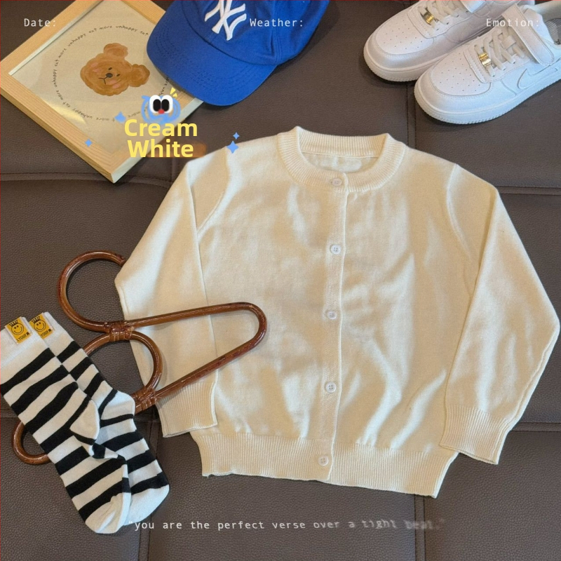 Vaikų medvilninis megztinis kardiganas, 100% medvilnė, megztas audinys, apvalus kaklas, ilgomis rankovėmis