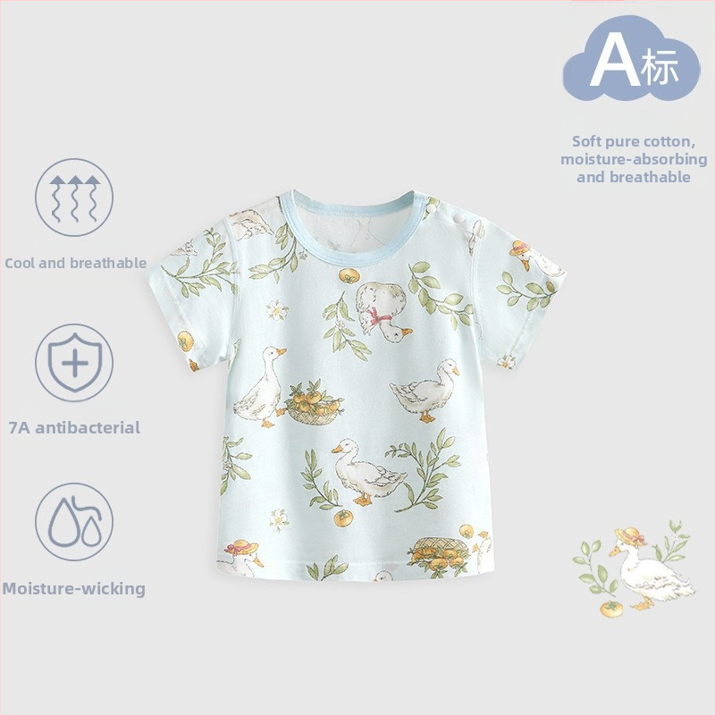 Kūdikių medvilniniai trumpomis rankovėmis marškinėliai (animacinis raštas, 100% medvilnė, apvali kaklo linija, tinkama naujagimiams 0–1 metų)