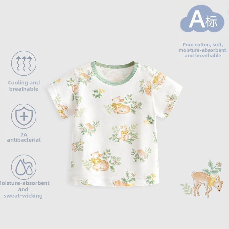 Kūdikių medvilniniai trumpomis rankovėmis marškinėliai (animacinis raštas, 100% medvilnė, apvali kaklo linija, tinkama naujagimiams 0–1 metų)