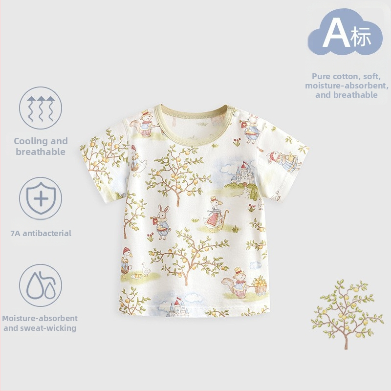 Kūdikių medvilniniai trumpomis rankovėmis marškinėliai (animacinis raštas, 100% medvilnė, apvali kaklo linija, tinkama naujagimiams 0–1 metų)