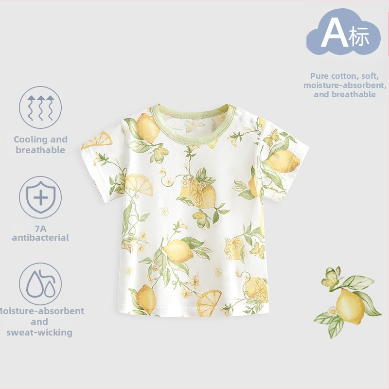 Kūdikių medvilniniai trumpomis rankovėmis marškinėliai (animacinis raštas, 100% medvilnė, apvali kaklo linija, tinkama naujagimiams 0–1 metų)