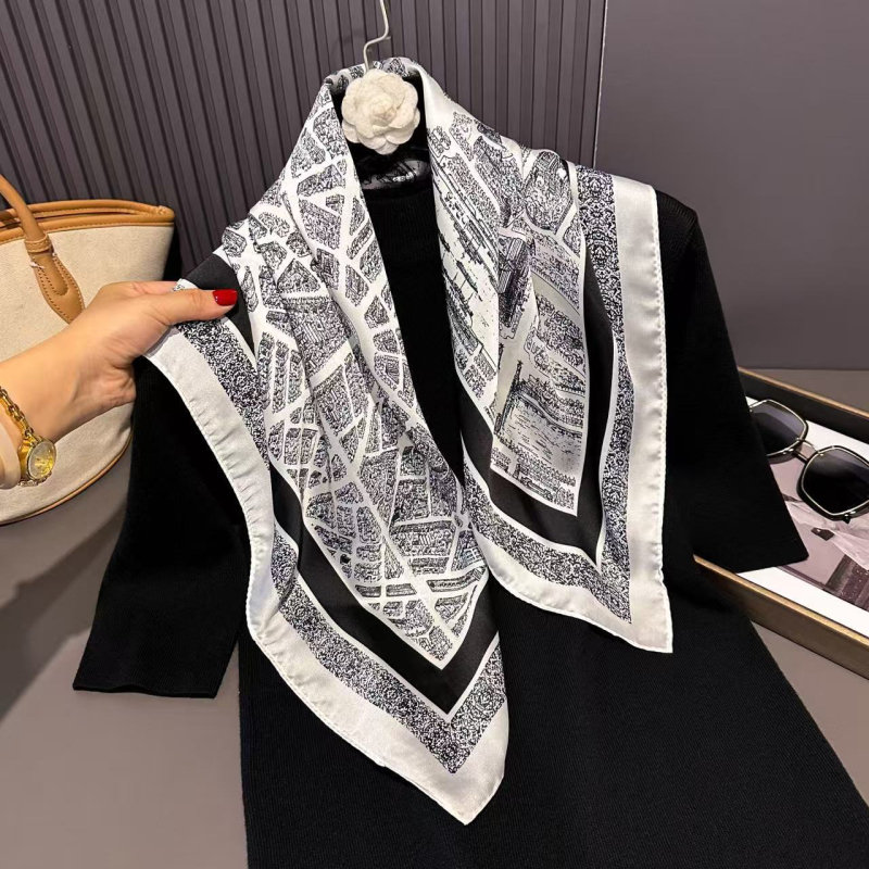 Poliészter szatén felületű négyzet alakú sál, virágminta, őszi szezon