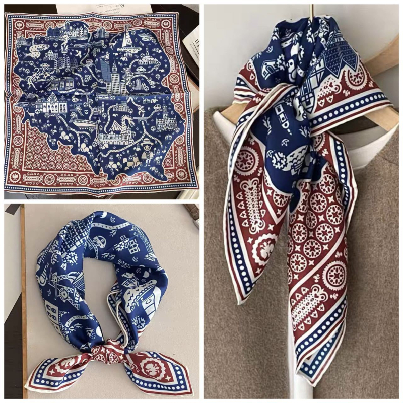 Poliészter szatén felületű négyzet alakú sál, virágminta, őszi szezon