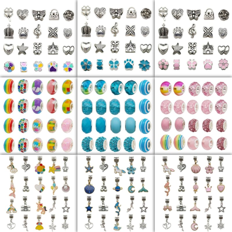 DIY gyerekeknek karkötőgyöngy készlet, elektroplattolt felületű vegyes anyagú gyöngyökkel és rajzfilmfigurás charmokkal