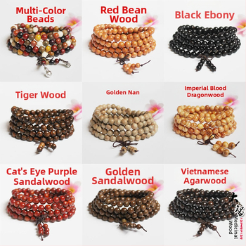 108 gyöngyös fa karkötő, kör alakú gyöngyök, klasszikus stílus, polírozott felület