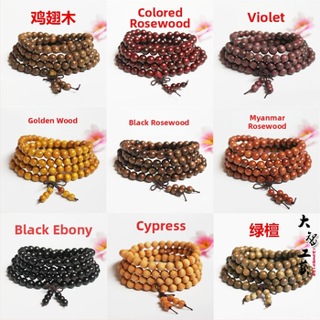 108 gyöngyös fa karkötő, kör alakú gyöngyök, klasszikus stílus, polírozott felület