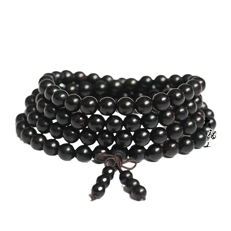 108 gyöngyös fa karkötő, kör alakú gyöngyök, klasszikus stílus, polírozott felület