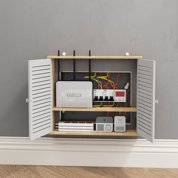 Bevielio maršrutizatoriaus laikymo dėžutė - sieninis montavimas, be gręžimo, masyvaus medžio, etninio stiliaus sieninis lentynų komplektas su 6 lygių