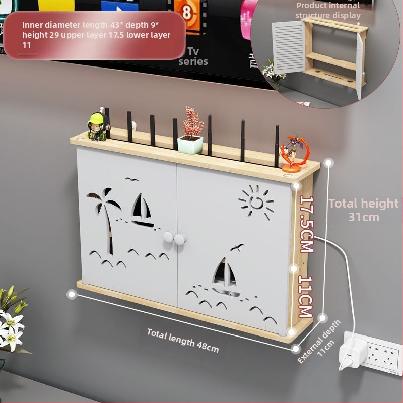 Bevielio maršrutizatoriaus laikymo dėžutė - sieninis montavimas, be gręžimo, masyvaus medžio, etninio stiliaus sieninis lentynų komplektas su 6 lygių