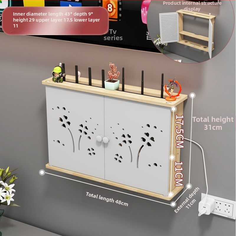 Bevielio maršrutizatoriaus laikymo dėžutė - sieninis montavimas, be gręžimo, masyvaus medžio, etninio stiliaus sieninis lentynų komplektas su 6 lygių
